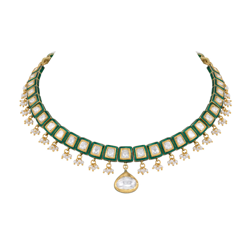 Green Meenakari Necklace with Polkis and Pearl Cheed Drops